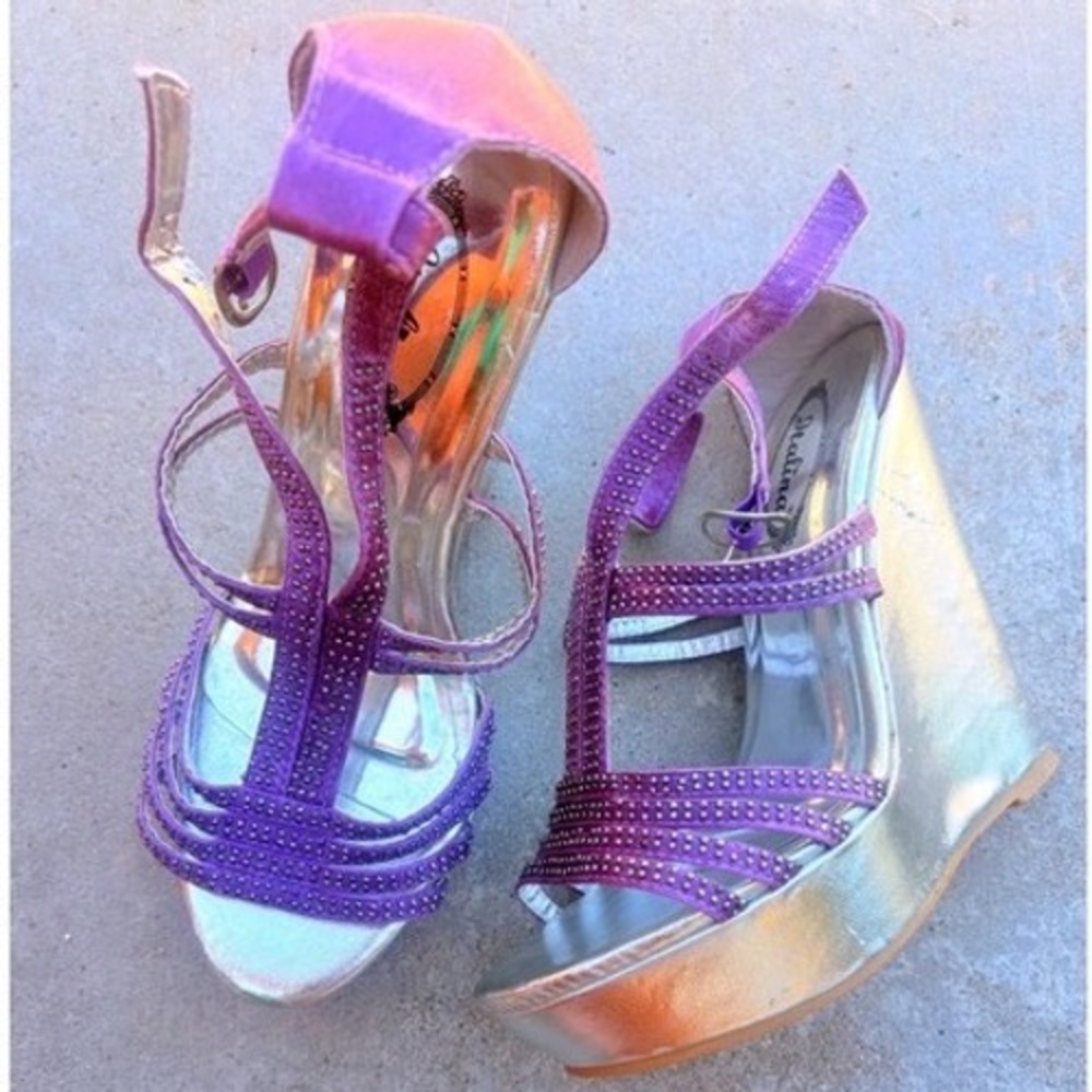 Y2K Purple Rhinestone Metallic Silver Platform Wedge Sandals Womens Size 6